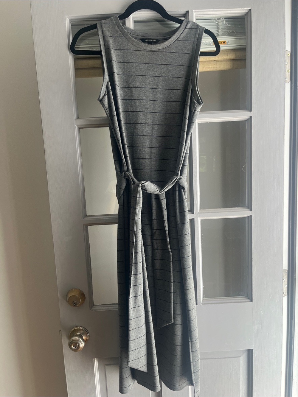 Banana Republic Gray Striped Sleeveless Midi Dress with Tie Waist